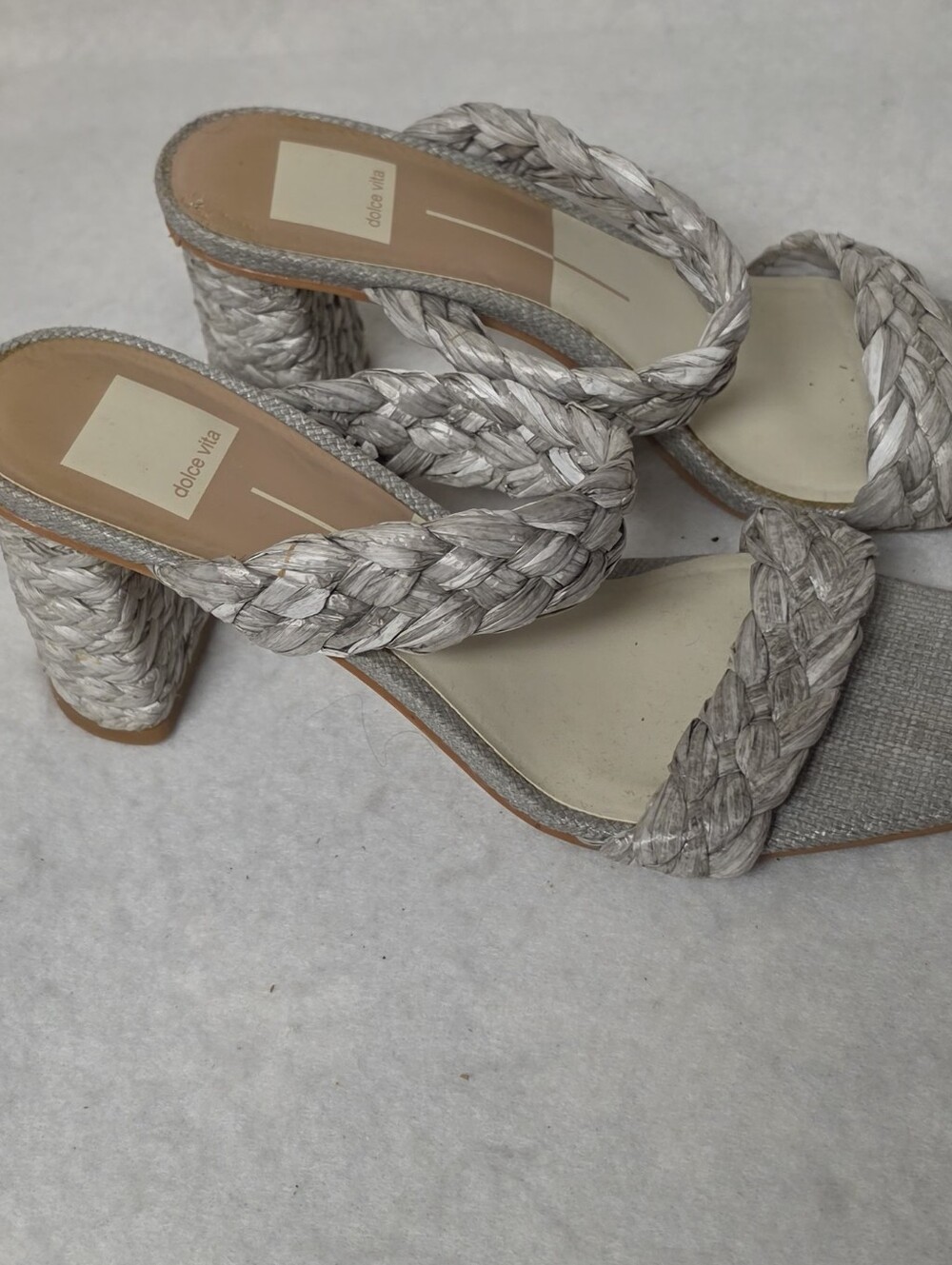 Dolce Vita Braided Double-Strap Block Heels in Light Gray